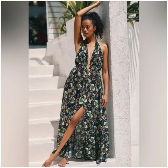 Anthropologie Dresses & Skirts - NWT Anthropologie | Black & Green Brenda Quinn Floral V-Neck Halter Maxi Dress M